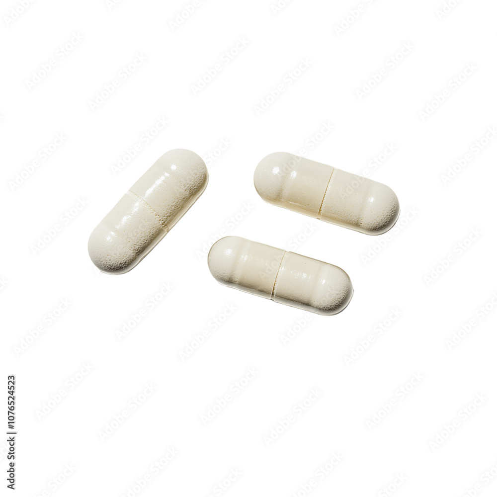 Three white pills are scattered on a green background. Three white pills are scattered on a green background.