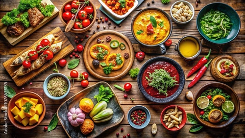 Rustic Wooden Floor with Assorted Gourmet Dishes Isolated on White Background for Food Photography, Showcasing Culinary Delights and Vibrant Ingredients for Stock Imagery