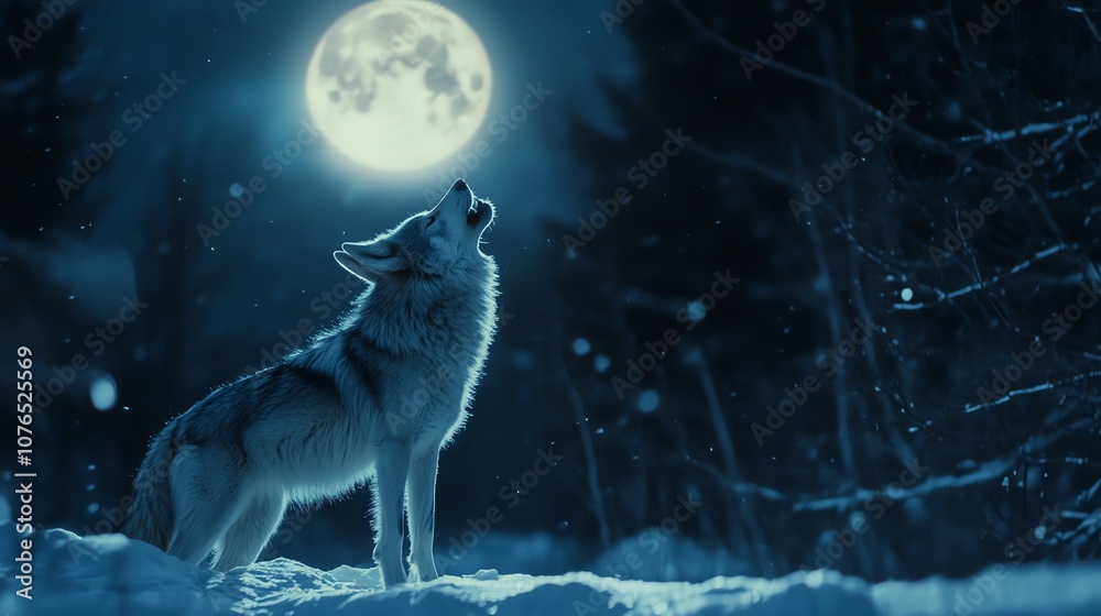 A lone wolf howls at the full moon in a snowy forest. A lone wolf howls at the full moon in a snowy forest.