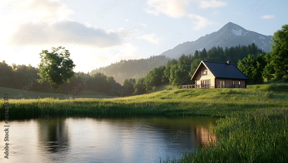 A tranquil cabin nestled by a lake at the foot of a mountain. A tranquil cabin nestled by a lake at the foot of a mountain.
