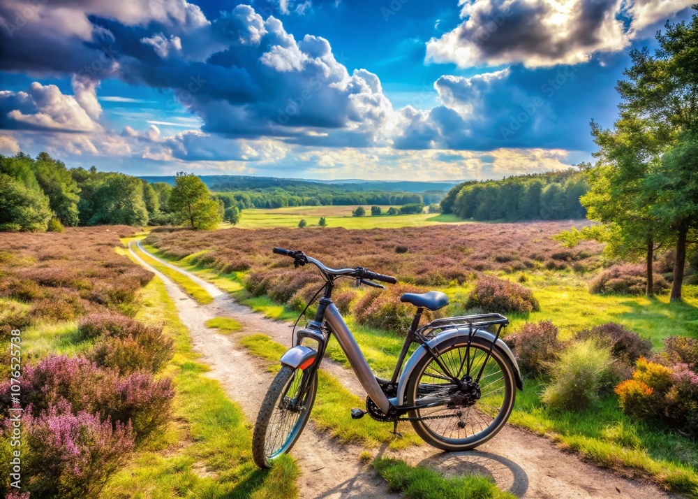 Fototapeta premium Scenic Portrait of an Electric Bicycle Amidst the Lush Landscapes of The Veluwe National Park in the Netherlands, Showcasing Nature and Sustainable Transport Options