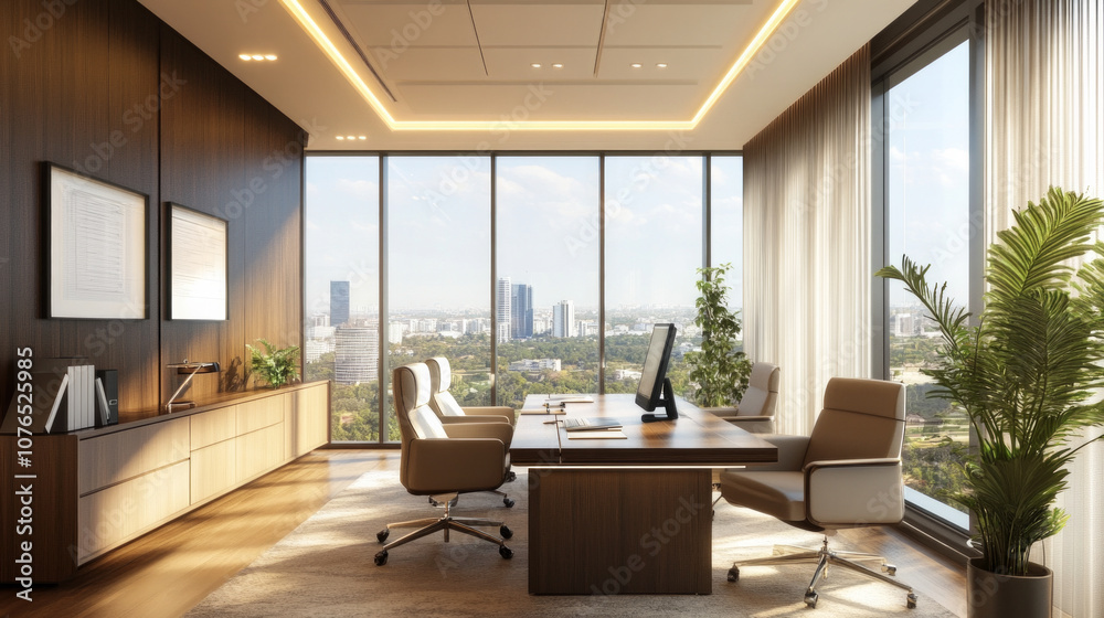 A modern office space with a panoramic view, featuring sleek furniture and bright natural light during the day A modern office space with a panoramic view, featuring sleek furniture and bright natural light during the day