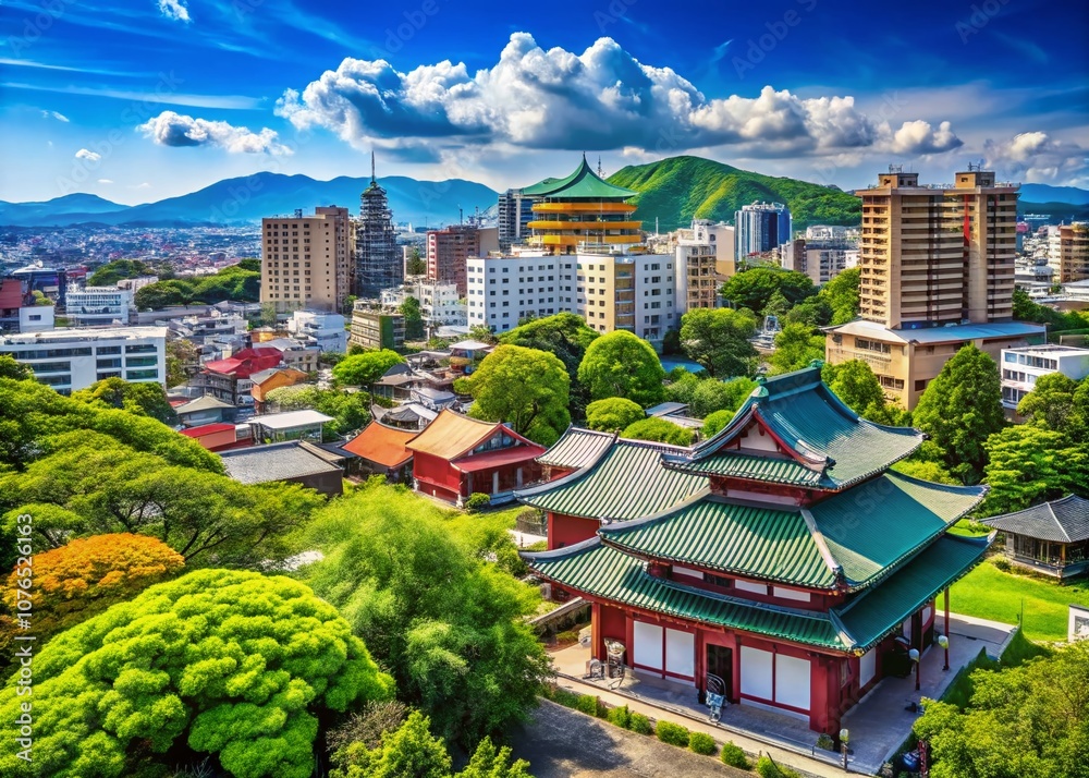 Scenic View of Kurume City in Fukuoka Prefecture, Japan, showcasing traditional architecture and lush greenery with clear blue sky and ample copy space for text or graphic overlays. Scenic View of Kurume City in Fukuoka Prefecture, Japan, showcasing traditional architecture and lush greenery with clear blue sky and ample copy space for text or graphic overlays.