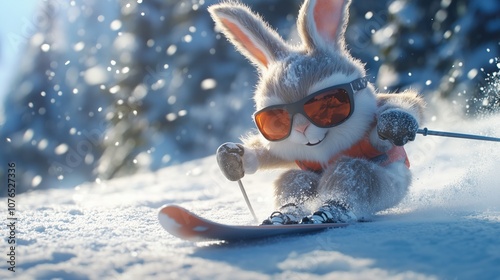 Easter bunny with sunglasses confidently skiing down a mountain