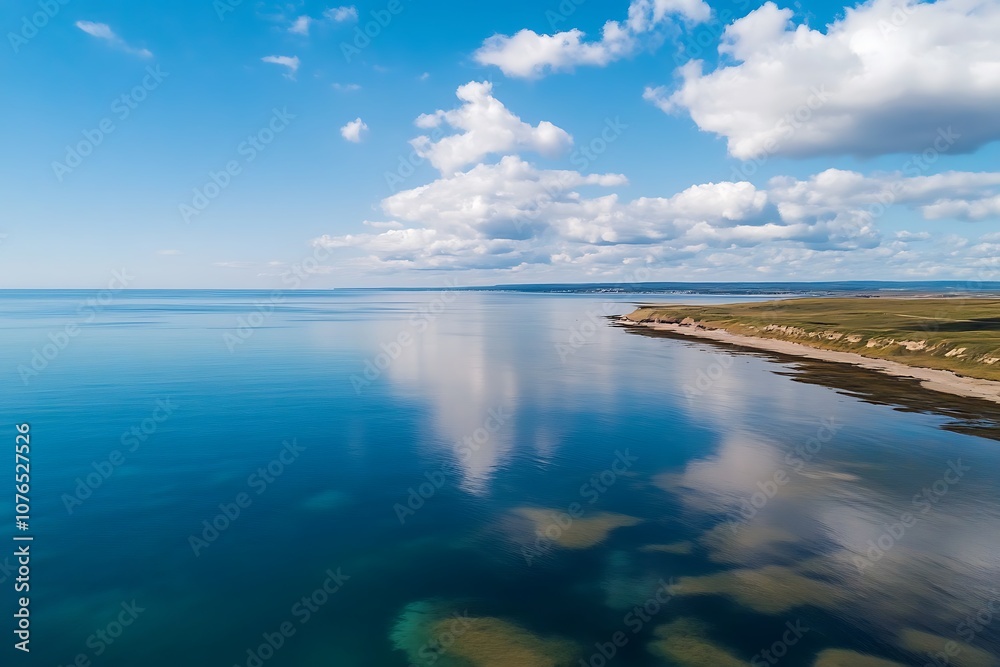 Aerial view of a coastline with blue sky and white clouds reflecting in the water. Aerial view of a coastline with blue sky and white clouds reflecting in the water.