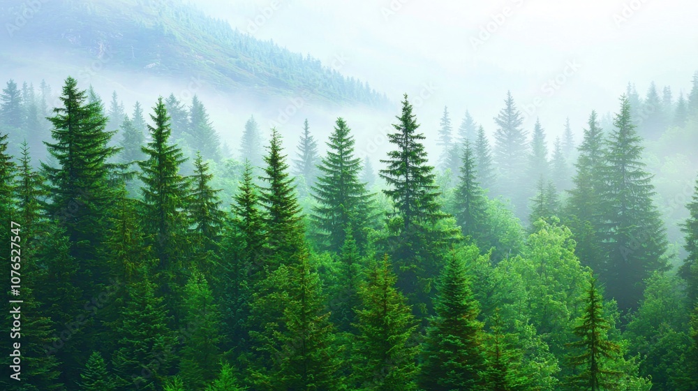 Fototapeta premium Lush green forest landscape shrouded in mist, evoking tranquility and natural beauty.