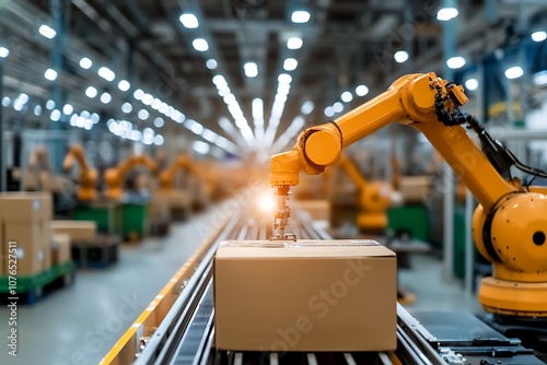 An industrial robotic arm working on an assembly line, packaging boxes.