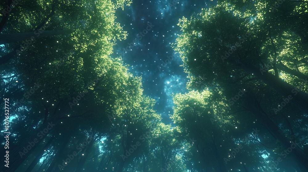 Magic forest with stars in the sky. Magical enchanted forest Magic forest with stars in the sky. Magical enchanted forest