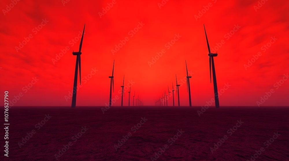 Obraz premium Harnessing renewable energy exploring the impact of wind turbines against a dramatic red sky