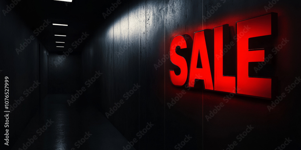 Illuminated red sale sign on a dark background, creating a dramatic and striking atmosphere for retail promotions and marketing.
Illuminated red sale sign on a dark background, creating a dramatic and striking atmosphere for retail promotions and marketing.