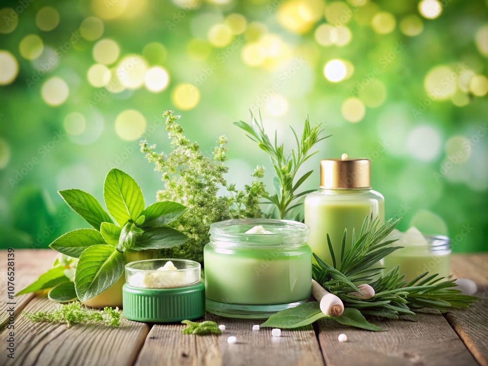 Serene Green Cosmetics and Herbs on a Dreamy Background – A Nature-Inspired Beauty Arrangement with Fresh Botanicals, Soft Light, and Harmonious Colors for Tranquil Vibes Serene Green Cosmetics and Herbs on a Dreamy Background – A Nature-Inspired Beauty Arrangement with Fresh Botanicals, Soft Light, and Harmonious Colors for Tranquil Vibes