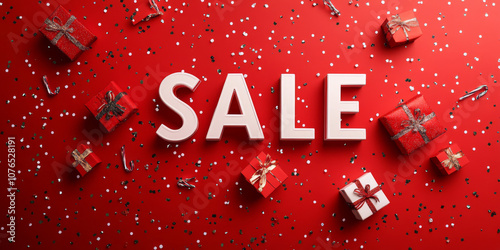 Red holiday sale banner surrounded by gift boxes, confetti, and festive decorations, creating a cheerful and celebratory shopping atmosphere.
