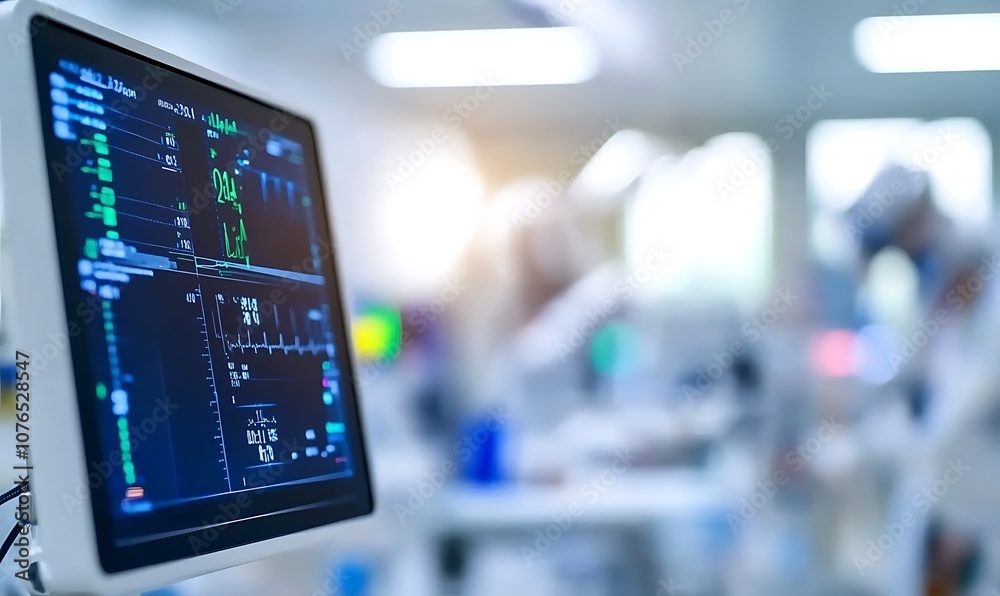 Close-up of a heart monitor displaying vital signs in a hospital room. Close-up of a heart monitor displaying vital signs in a hospital room.