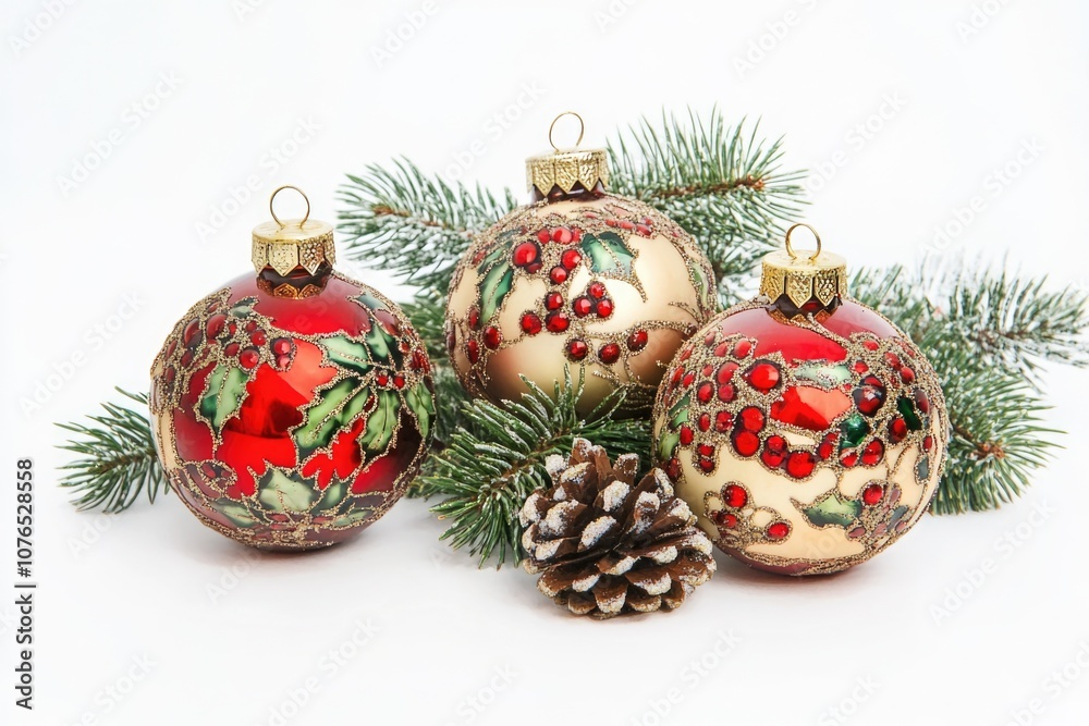 Group of festive Christmas ornaments on a table, ideal for holiday decorations or gift wrapping inspiration Group of festive Christmas ornaments on a table, ideal for holiday decorations or gift wrapping inspiration