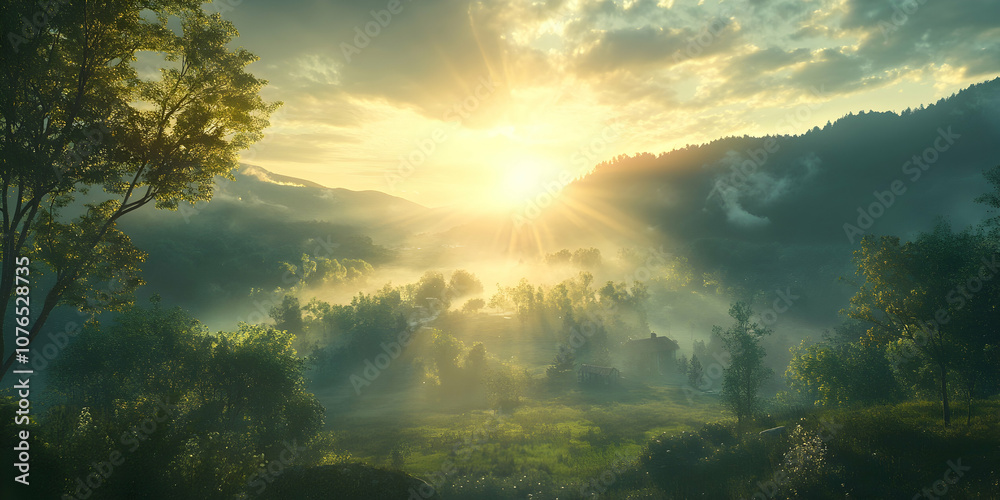 Sunrays over green valley, creating a stirring dawn scene of natural beauty. 4k image Sunrays over green valley, creating a stirring dawn scene of natural beauty. 4k image