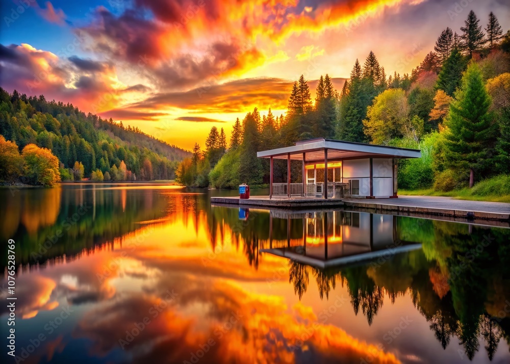 Fototapeta premium Serene Landscape of a Gas Station Nestled Among Lush Forests and a Tranquil Lake at Sunset, Perfect for Evoking a Sense of Adventure and Exploration in Nature