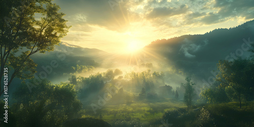 Wallpaper Mural Sunrays over green valley, creating a stirring dawn scene of natural beauty. 4k image Torontodigital.ca