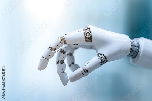 Close-up of a robotic hand reaching out with fingers extended, against a blue background.