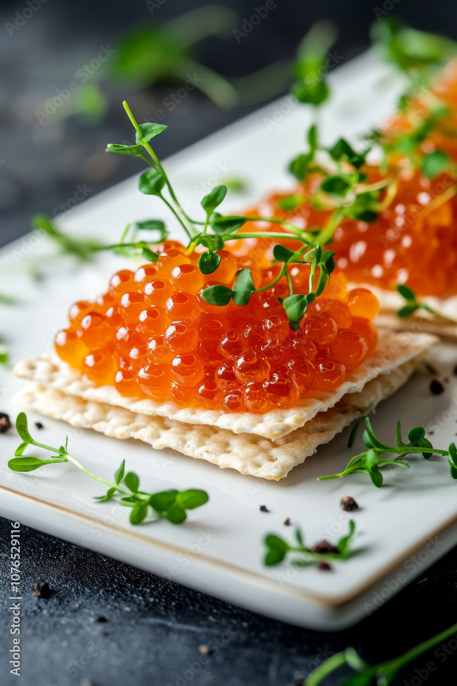 Elegant appetizer of red caviar served on crackers, topped with fresh microgreens, creating a vibrant and luxurious presentation for fine dining.
Elegant appetizer of red caviar served on crackers, topped with fresh microgreens, creating a vibrant and luxurious presentation for fine dining.