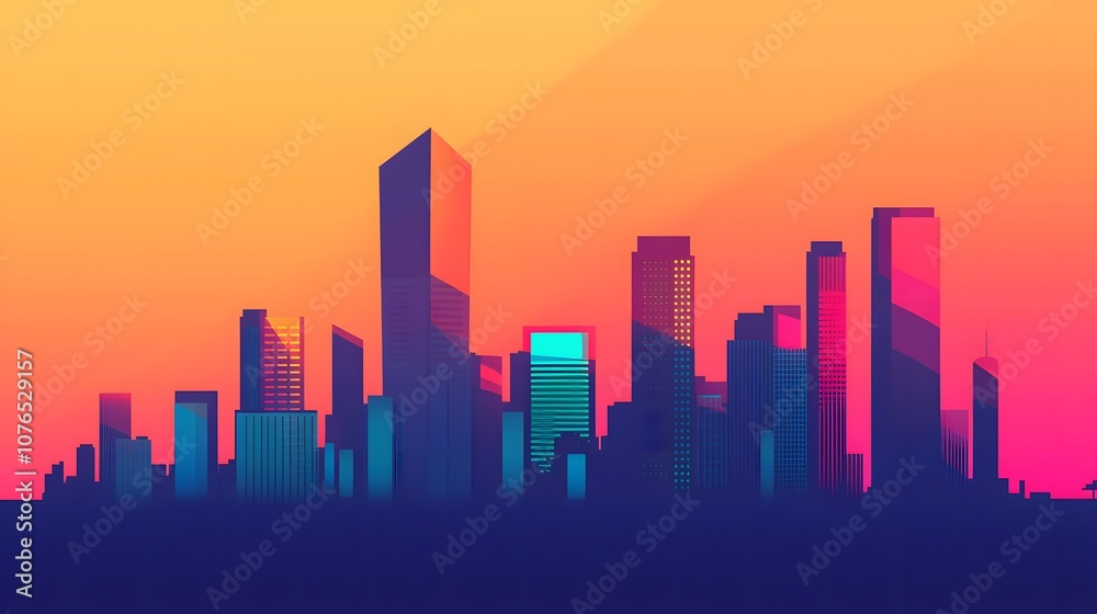 Fototapeta premium Vibrant city skyline at sunset captures urban energy and modern architecture