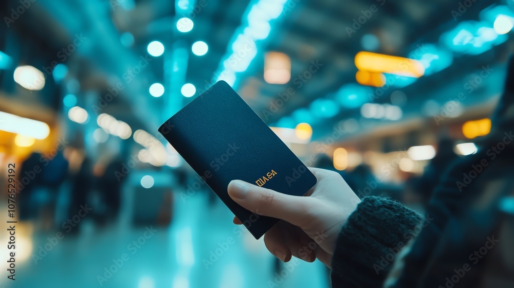 A hand holds a passport in an airport terminal. A hand holds a passport in an airport terminal.