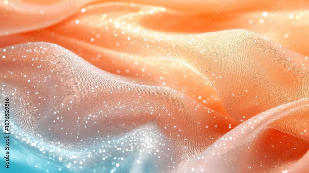 Soft Satin Fabric with Sparkling Lights in Orange and Blue Hues Soft Satin Fabric with Sparkling Lights in Orange and Blue Hues