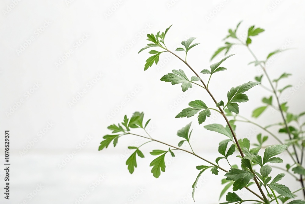 a serene green plant with delicate leaves in a minimalist white background, suggesting a sense of balance and harmony, organic forms, serene landscape, peaceful ambiance, clean lines, simple shapes a serene green plant with delicate leaves in a minimalist white background, suggesting a sense of balance and harmony, organic forms, serene landscape, peaceful ambiance, clean lines, simple shapes