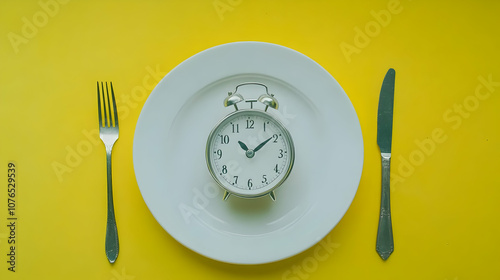 Top view of a white plate with fork and knife on a yellow background, providing space for text . photo