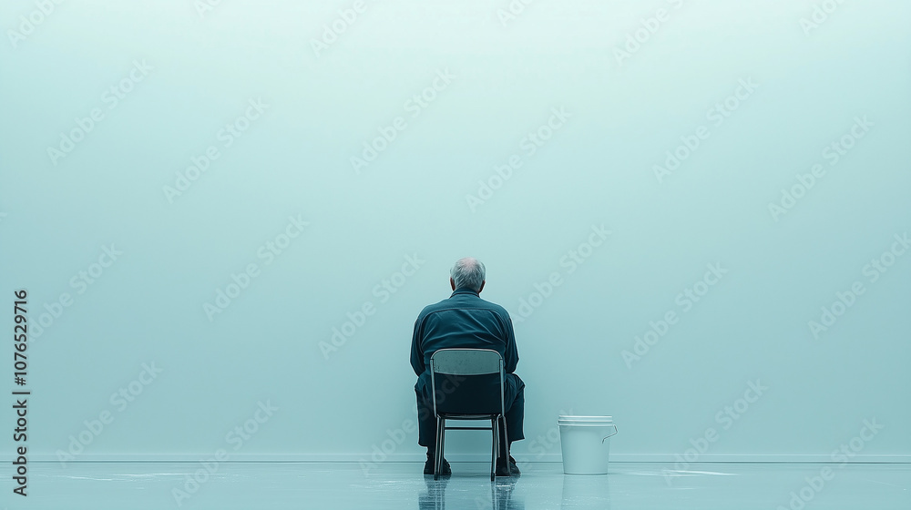 Man in Blue Shirt Painting White Wall with Roller, Minimalist Home Improvement Concept, High Resolution Photography Man in Blue Shirt Painting White Wall with Roller, Minimalist Home Improvement Concept, High Resolution Photography
