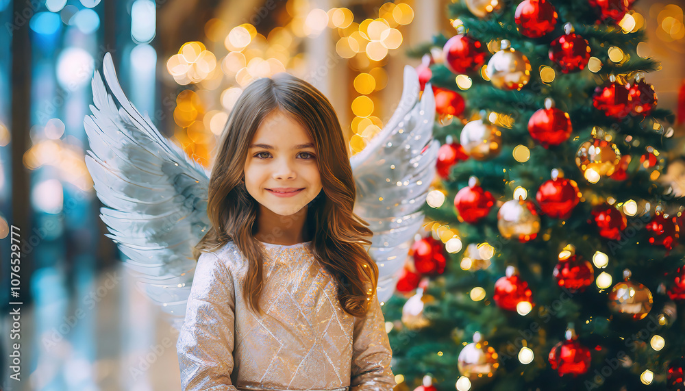 A young girl dressed as an angel with silver wings, standing by a decorated Christmas tree in a festive indoor setting, smiling joyfully. Matinee in the kindergarten. A young girl dressed as an angel with silver wings, standing by a decorated Christmas tree in a festive indoor setting, smiling joyfully. Matinee in the kindergarten.