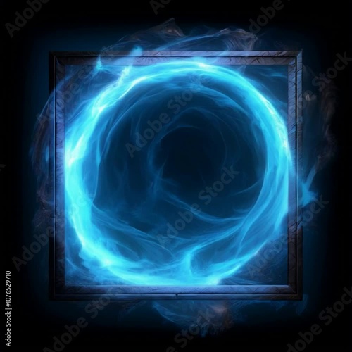 A square icy frame made of ice and blue flames on a black background. An overlay swirl effect	
