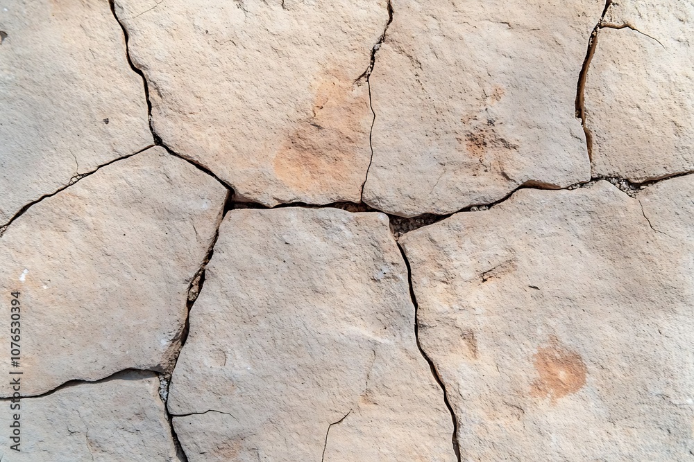 Obraz premium Close-up view of cracked, light-colored stone surface with visible fissures.