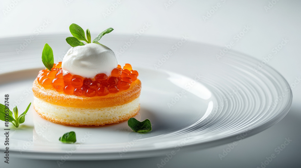 Sophisticated appetizer of red caviar on a layered base, topped with cream and garnished with fresh herbs on a white plate, ideal for fine dining.
Sophisticated appetizer of red caviar on a layered base, topped with cream and garnished with fresh herbs on a white plate, ideal for fine dining.