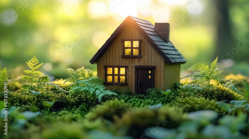 Eco house. Green and environmentally friendly housing concept. Miniature wooden house in spring grass, moss and ferns on a sunny day