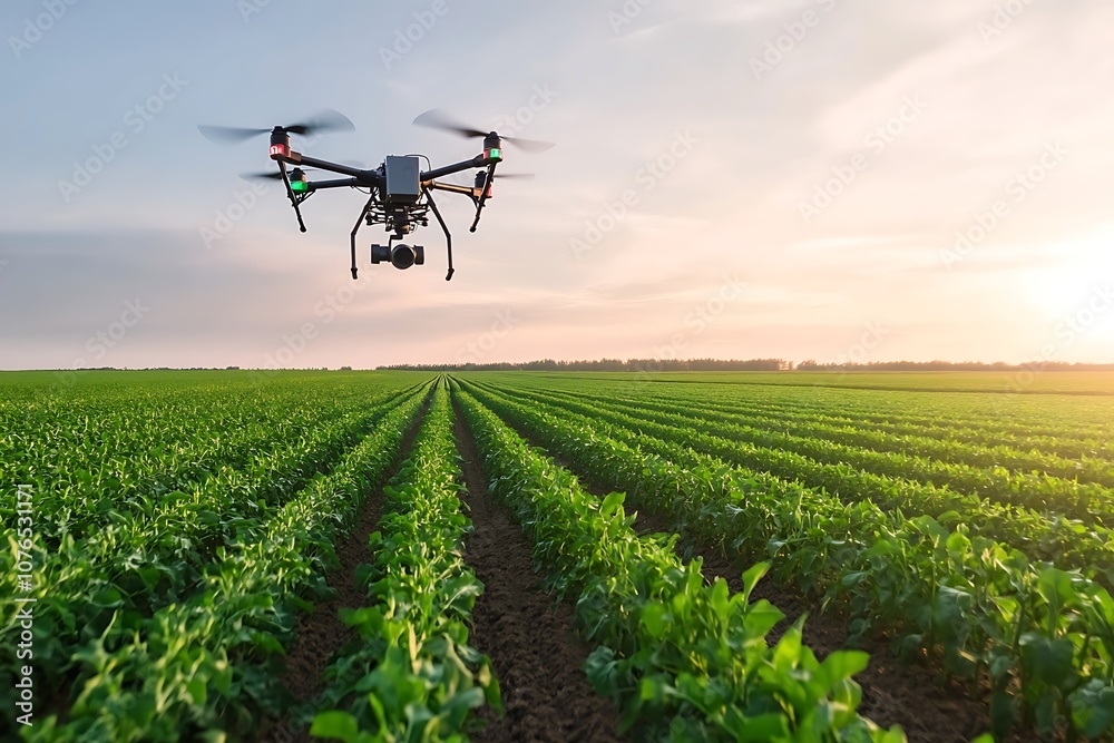 Drone flying over a field of crops at sunset. Drone flying over a field of crops at sunset.