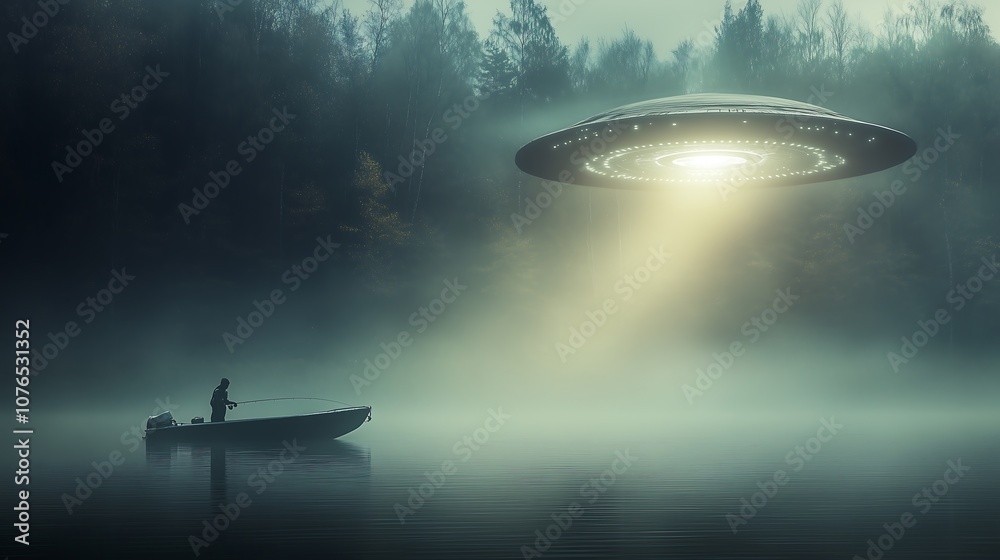 Obraz premium A lone fisherman gazes up as a UFO hovers above a misty lake, casting a beam of light. Evoking mystery