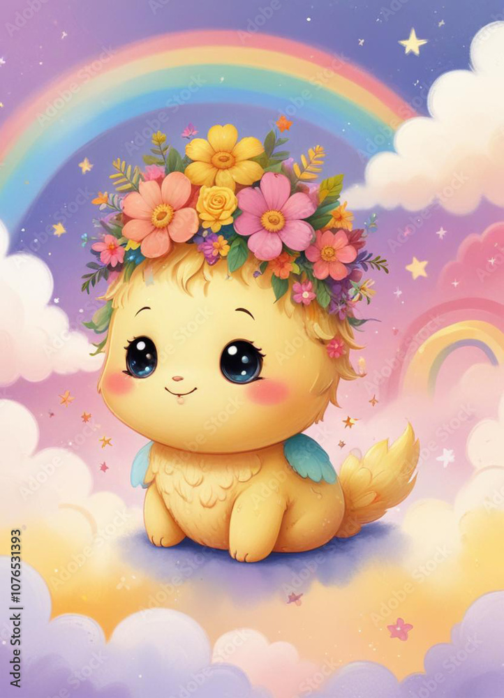 Naklejka premium Chubby yellow creature with flower crown and wings against a dreamy rainbow-filled sky, evoking a sense of wonder and enchantment in a whimsical fantasy world