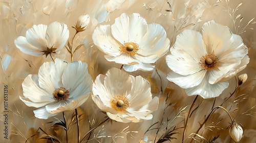 Wallpaper Mural Oil painting of white flowers on beige background Torontodigital.ca