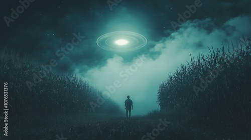 A solitary figure stands in a cornfield under a mysterious green light from an alien spacecraft.