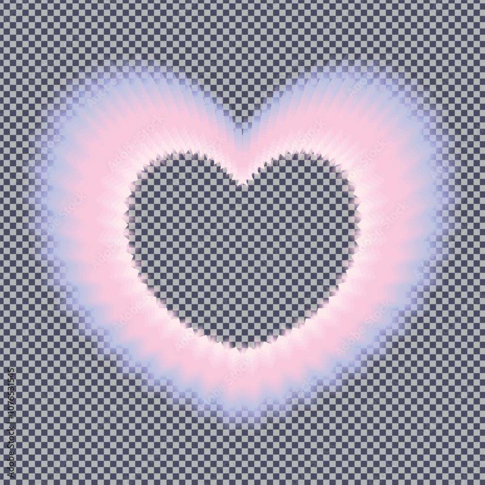 Frame in the shape of a wavy heart, transparent radial rays in nostalgic y2k style. Cute gradient heart in pastel pink, purple colors. Isolated design element with transparency. Vector illustration. Frame in the shape of a wavy heart, transparent radial rays in nostalgic y2k style. Cute gradient heart in pastel pink, purple colors. Isolated design element with transparency. Vector illustration.