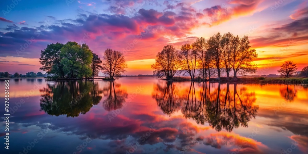 Serene Reflection of Dark Trees in a Polish Lake at Sunset, Capturing the Tranquility of Summer and Spring Mornings with Vibrant Colors and Mirrored Landscapes