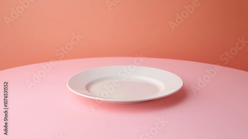 A white plate on a pink surface with a peach colored background.
