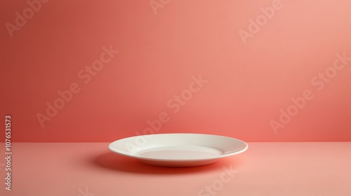 A white plate on a pink surface with a peach colored background.
