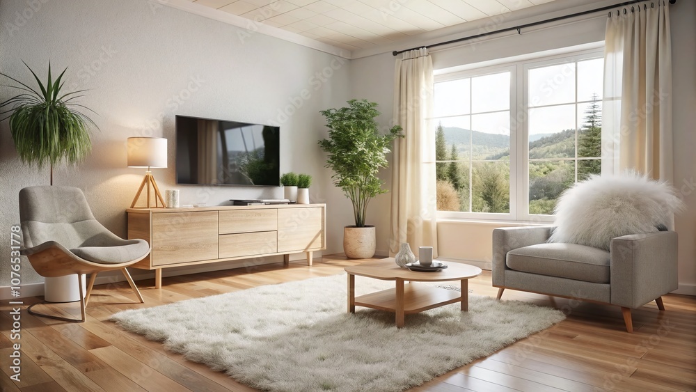 Fototapeta premium Serene Scandinavian Living Room Design with White TV Frame, Cozy Sheepskin Rug, and Light Wood Furniture in a Bright, Inviting Atmosphere Perfect for Relaxation