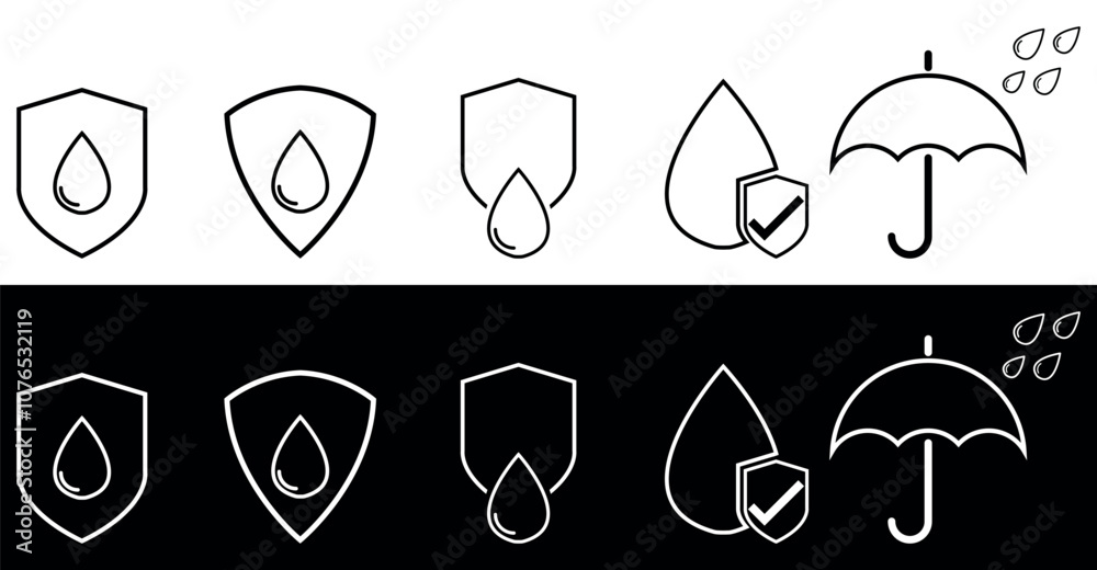 Set of Waterproof icons in different shapes. Shield with water drop. Water resistant signsin outline. Anti wetting material. Vector illustration isolated on black and white background. Set of Waterproof icons in different shapes. Shield with water drop. Water resistant signsin outline. Anti wetting material. Vector illustration isolated on black and white background.