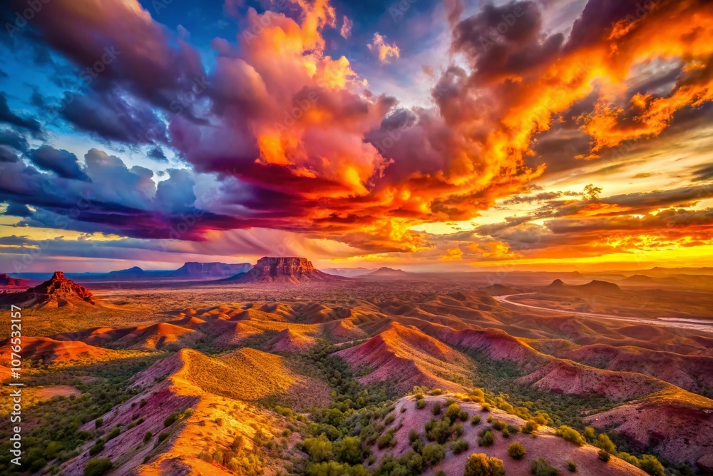 Naklejka premium Serene Southwestern Sunset: Captivating Drone Photography Showcasing the Vibrant Hues of Dusk Over Majestic Desert Landscapes with Dramatic Cloud Formations