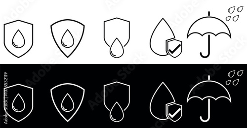Set of Waterproof icons in different shapes. Shield with water drop. Water resistant signsin outline. Anti wetting material. Vector illustration isolated on black and white background.