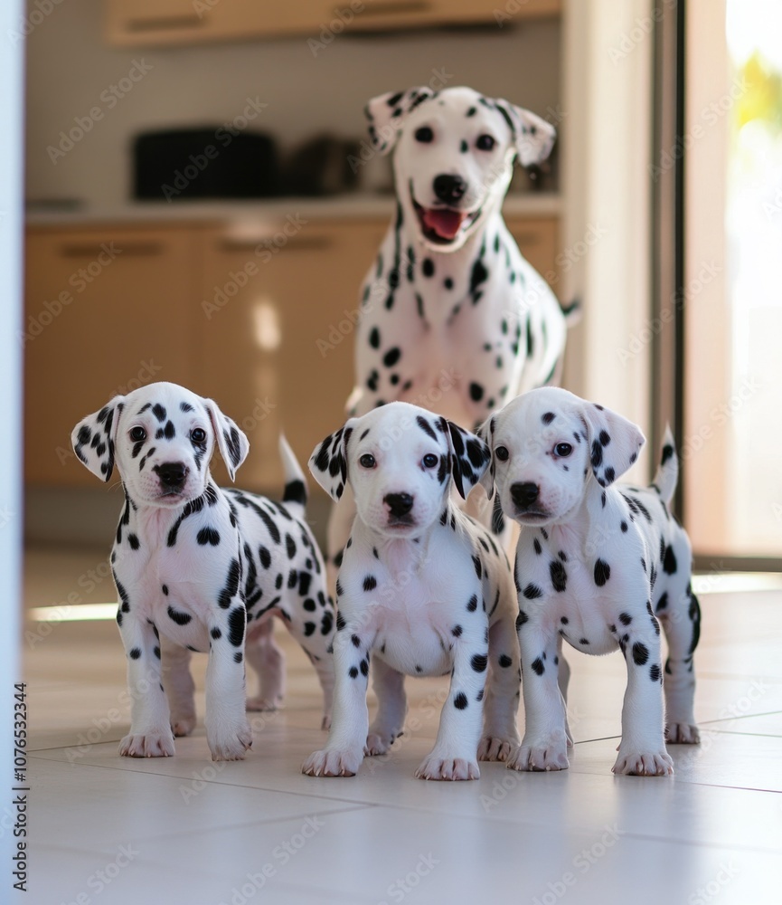 A photo of happy Dalmatian puppies playing with their mother in the background, full-body shot, standing on a white floor in a modern kitchen A photo of happy Dalmatian puppies playing with their mother in the background, full-body shot, standing on a white floor in a modern kitchen