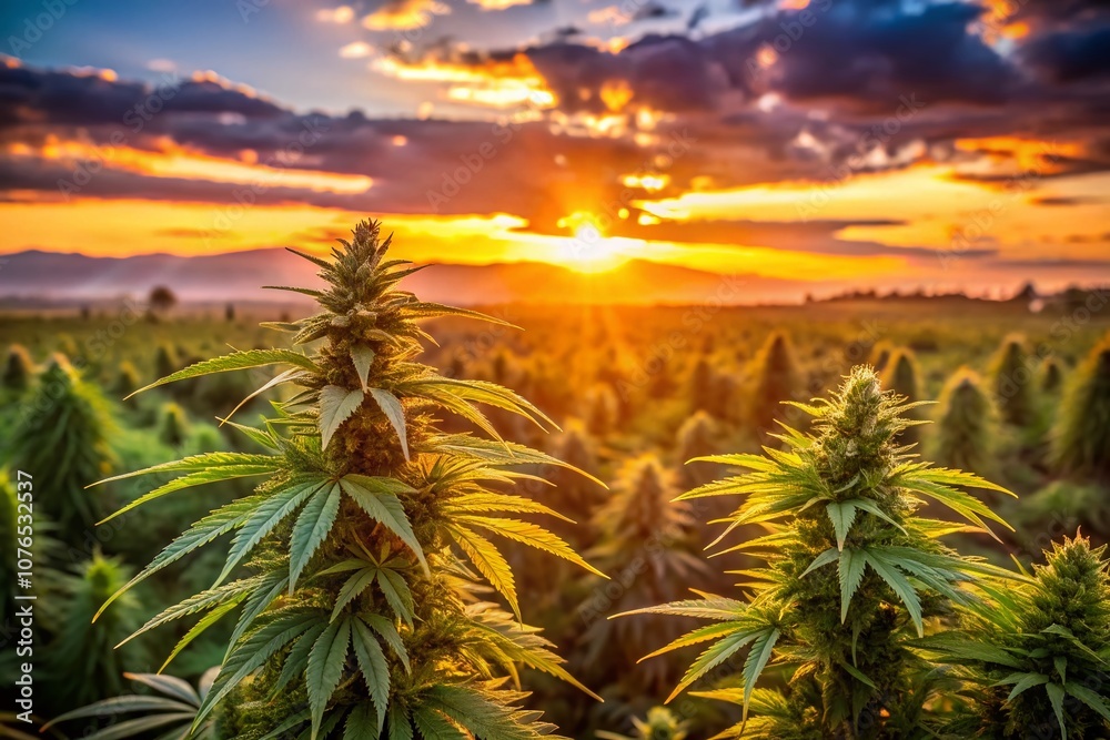 Serene Sunset Over a Lush Cannabis Field with Vibrant Marijuana Plants Bathed in Golden Light, Capturing Nature's Beauty and Tranquility in an Agricultural Landscape