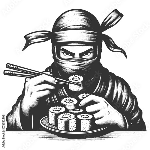 ninja eating sushi rolls with chopsticks, wearing a mask and wielding a sword on his back sketch engraving generative ai vector illustration. Scratch board imitation. Black and white image.